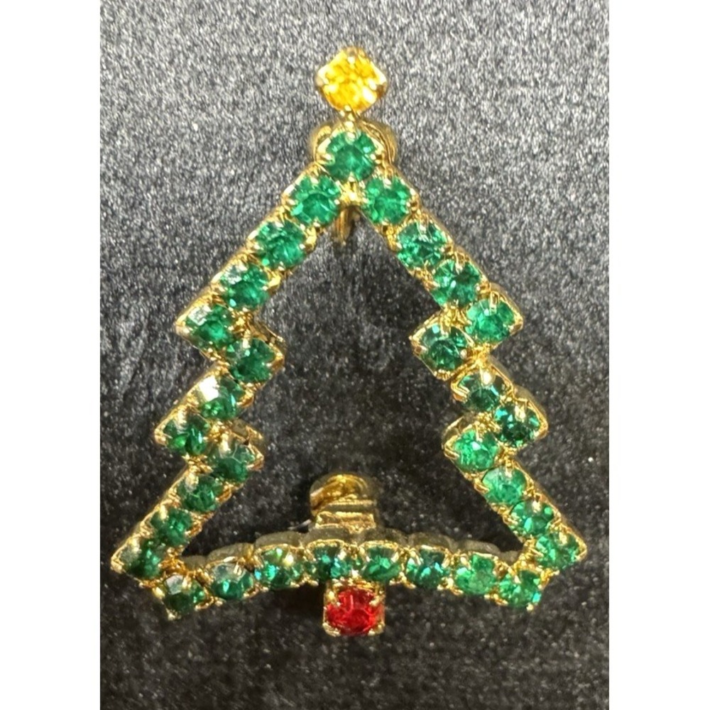 Vintage Rhinestone Christmas Tree Brooch Green Red Gold Tone Holiday Pin‎